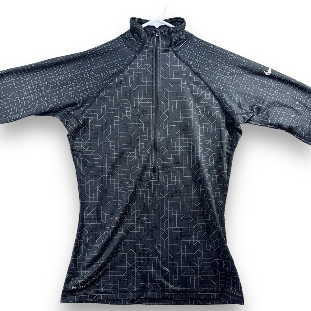 Nike Pro Womens M 1/4 Zip Pullover Mock Neck Black Geometric Grid Lightweight
